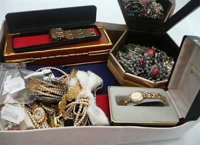 Lot 344 - A box of costume jewellery, a red pouch of costume jewellery and an orchid decorated box of costume