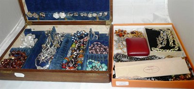 Lot 345 - A quantity of costume jewellery in a wooden box, with costume in another box