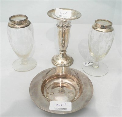 Lot 361 - A pair of silver mounted glass vases, a silver trumpet vase and a silver pin dish