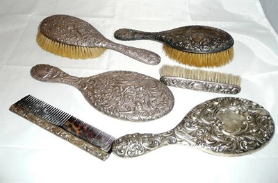 Lot 369 - Silver backed hair brush and mirror, another hair brush, clothes brush, hand mirror and comb