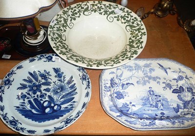 Lot 388 - A Delft charger, a blue and white meat plate 'Mandarin' (hairline crack), a Wedgwood 'Merlin'...