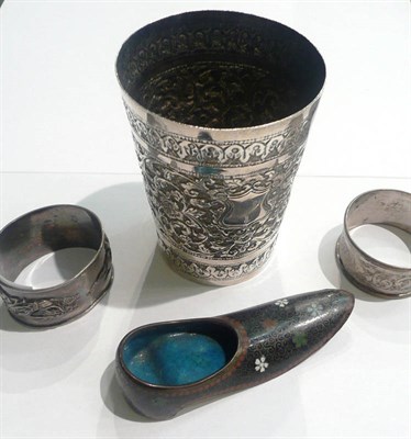 Lot 393 - Indian silver beaker, two napkin rings, and cloisonne slipper