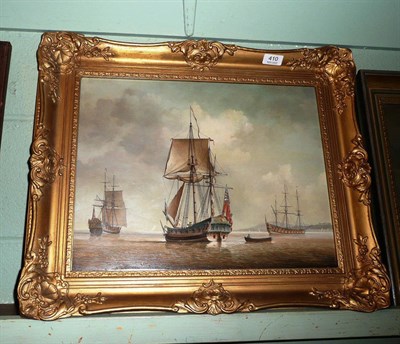 Lot 410 - Oil on panel, sailing ships at harbour