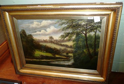 Lot 414 - T.E. Stubbs, River Valley in summer with sheep grazing, oil on canvas