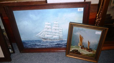 Lot 421 - Oil on board, 'Fishing boats in stiff breeze' also another shipping picture