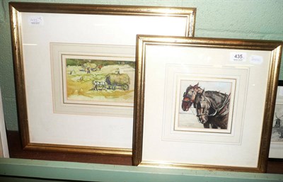 Lot 435 - Margaret Theyre, study of two heavy horses, and a watercolour study of a hay field scene