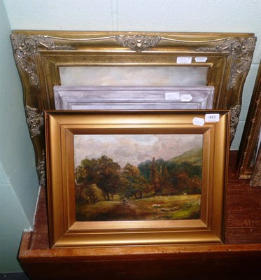 Lot 443 - Oil on board 'Bringing in the harvest', a small oil landscape and Eve, 'River scene' (3)