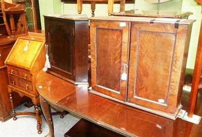 Lot 541 - A small walnut bureau, a mahogany wall cabinet and a small oak corner cupboard