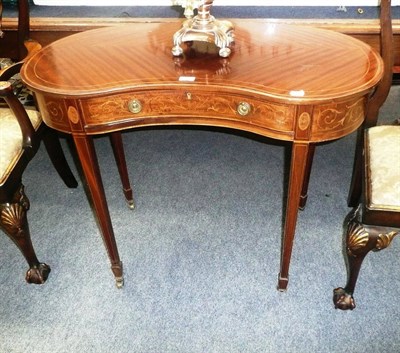 Lot 573 - Edwardian inlaid mahogany kidney shaped single drawer table