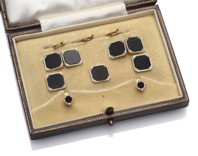 Lot 178 - A Dress Stud and Cufflink Set, cased, a pair of cufflinks, three buttons and two collar studs...