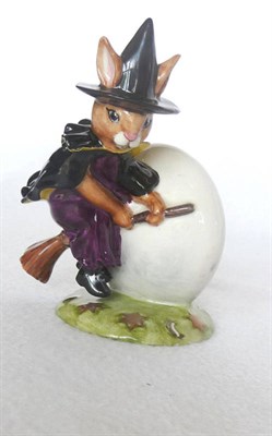 Lot 1044 - Royal Doulton "Trick or Treat Bunnykins ", model No. DB162, purple dress, black hat, black cape...