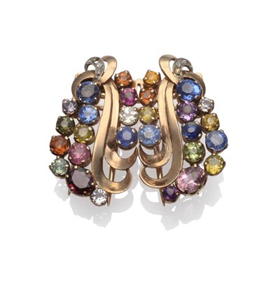 Lot 192 - A Multi-Gemstone Double Clip Brooch, of slightly asymmetric form, each clip inset with a variety of