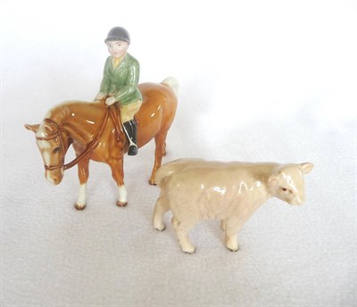 Lot 1076 - Beswick "Boy on Pony",  model No. 1500, Palomino, 14cm, also A Beswick "Charolais Calf", model...