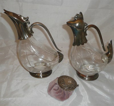 Lot 4 - A pair of Italian glass 'cock and hen' claret jugs with plated mounts, an Italian 800 standard...