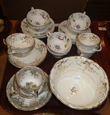 Lot 6 - Rockingham trio - scene painted, set of four Rockingham cups, two saucers and a slop basin in...
