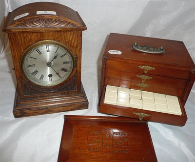 Lot 9 - Oak mantel timepiece and mahogany cased Mahjong set