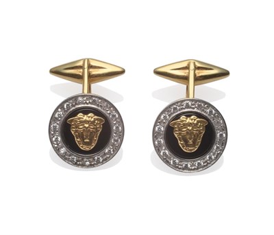 Lot 198 - A Pair of Cufflinks, each with an onyx centre with a classical head overlaid, within a border...