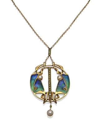 Lot 201 - An Art Nouveau Pendant on Chain, attributable to Archibald Knox, enamelled in blue and green, inset