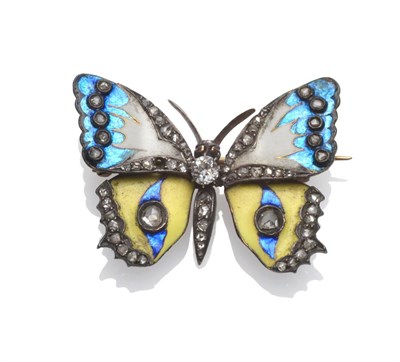 Lot 204 - A Butterfly Brooch, probably French, circa 1900, the butterfly enamelled in blue, white and yellow