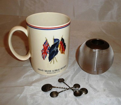 Lot 86 - A silver topped glass matchball, three coin spoons and a Wedgwood commemorative mug