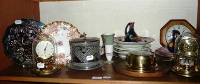 Lot 90 - A shelf of decorative ceramics and ornamentals including a Carnival glass dish, a Royal Crown Derby