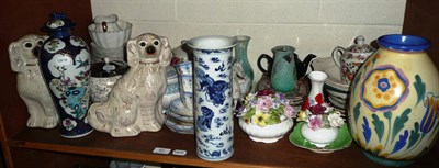 Lot 92 - Shelf of ceramics and glass including a Chinese blue and white sleeve vase, Crown Ducal vase etc