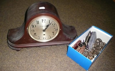 Lot 98 - An oak mantel clock, a small quantity of keys, cut throat razors, wood salad servers etc
