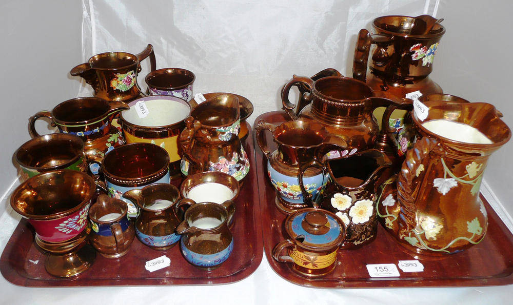 Lot 155 - Two trays of copper lustre jugs, goblets, mugs etc