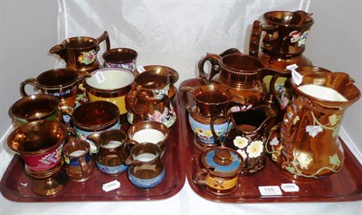 Lot 155 - Two trays of copper lustre jugs, goblets, mugs etc
