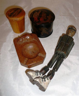 Lot 156 - Mouseman' oak ash tray, Mauchline ware box, lacquer powder box with puff and a wooden puppet