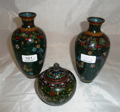 Lot 161 - Pair of Cloisonne enamel baluster vases and similar potpourri vase and cover