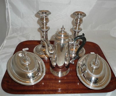 Lot 164 - A pair of Old Sheffield Plate telescopic candlesticks; a Georgian style silver plated coffee pot; a