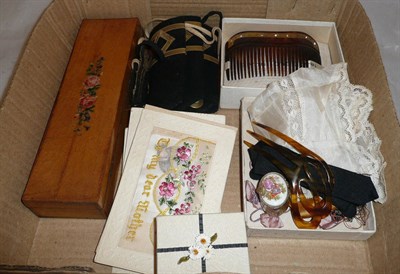 Lot 233 - Mixed collectibles, including silver charm bracelet, pill box, cloth insignia, silk postcards, bone