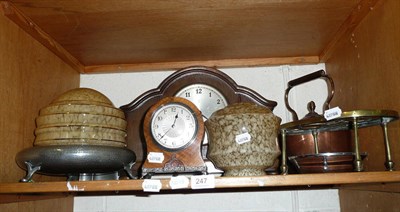 Lot 247 - A shelf of ornamental items including a large oak mantel clock, a mahogany mantel timepiece, a...