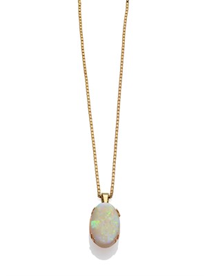 Lot 224 - An Opal Pendant on Chain, the oval polished opal in a yellow claw mount, hung on a box link...