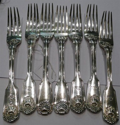 Lot 295 - A composite set of seven fiddle thread and shell pattern table forks, London 1829 (2) and 1875 (5)