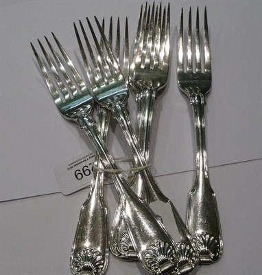 Lot 299 - A George III set of six fiddle thread and shell pattern table forks, London 1777, by Eley and...