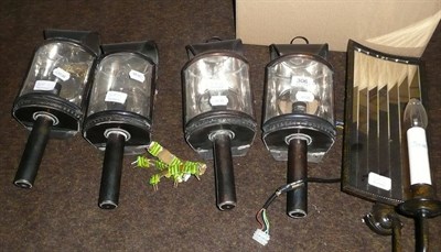 Lot 306 - Four exterior carriage lamps and one candle/mirror wall light