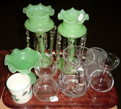 Lot 310 - A pair of small green glass lustres, a similar pedestal dish, a cut glass jug, a preserve jar,...