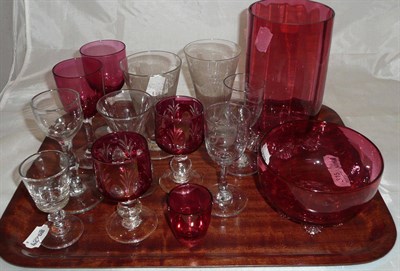 Lot 315 - A tray of glass including 19th century cordial and wine glasses, cranberry glass vase, bowl and...