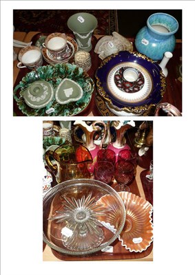 Lot 316 - Three trays of ceramics and glass including Wedgwood green jasper ware, frilled orange satin...