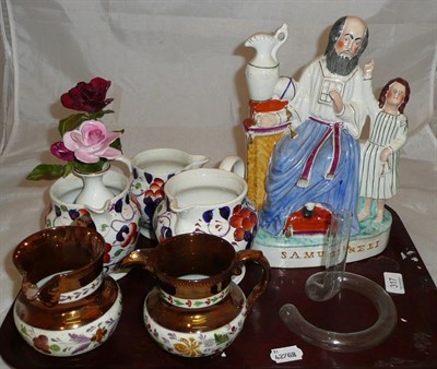 Lot 317 - Tray of ceramics including a Staffordshire figure group of Samuel and Eli, two copper lustre...