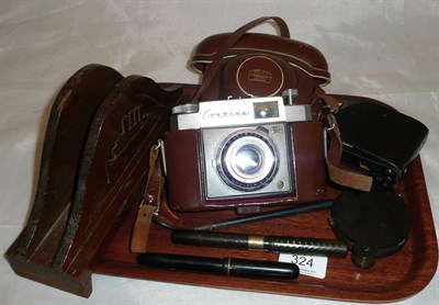 Lot 324 - Mixed collectibles, including Zeiss Contina camera, horn handled magnifier, two pens and Mauritania