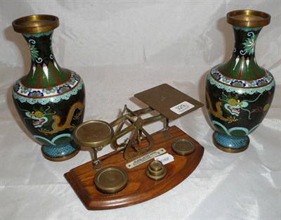 Lot 329 - Set of letter scales and a pair of cloisonne vases