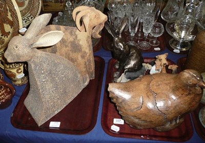 Lot 337 - Large stoneware goat, hare, various ornaments, small quantity of books, dressing table pieces,...