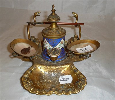 Lot 344 - A French gilt metal mother of pearl and porcelain mounted table inkwell