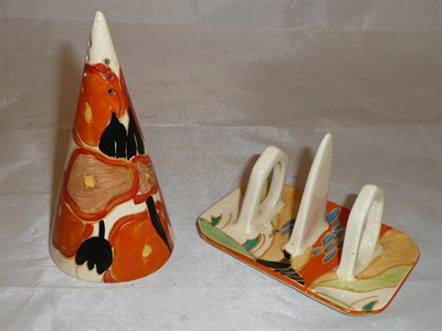 Lot 357 - A Clarice Cliff conical sugar castor and a Clarice Cliff toast rack