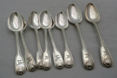 Lot 377 - A George III set of six silver fiddle shell and thread pattern dessert spoons and a table...