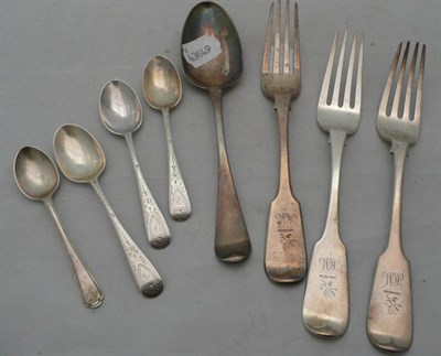 Lot 391 - A George II silver tablespoon, London 1752, a set of three Victorian silver table forks, Exeter...