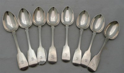 Lot 395 - A set of eight Victorian silver fiddle pattern dessert spoons, London, 1851, 12.86oz